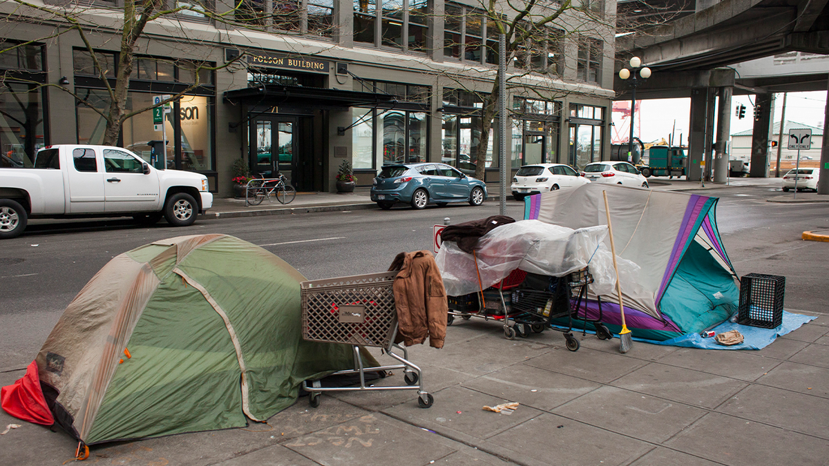 Photo of homeless encampment in Seattle, Washington, as car drives by