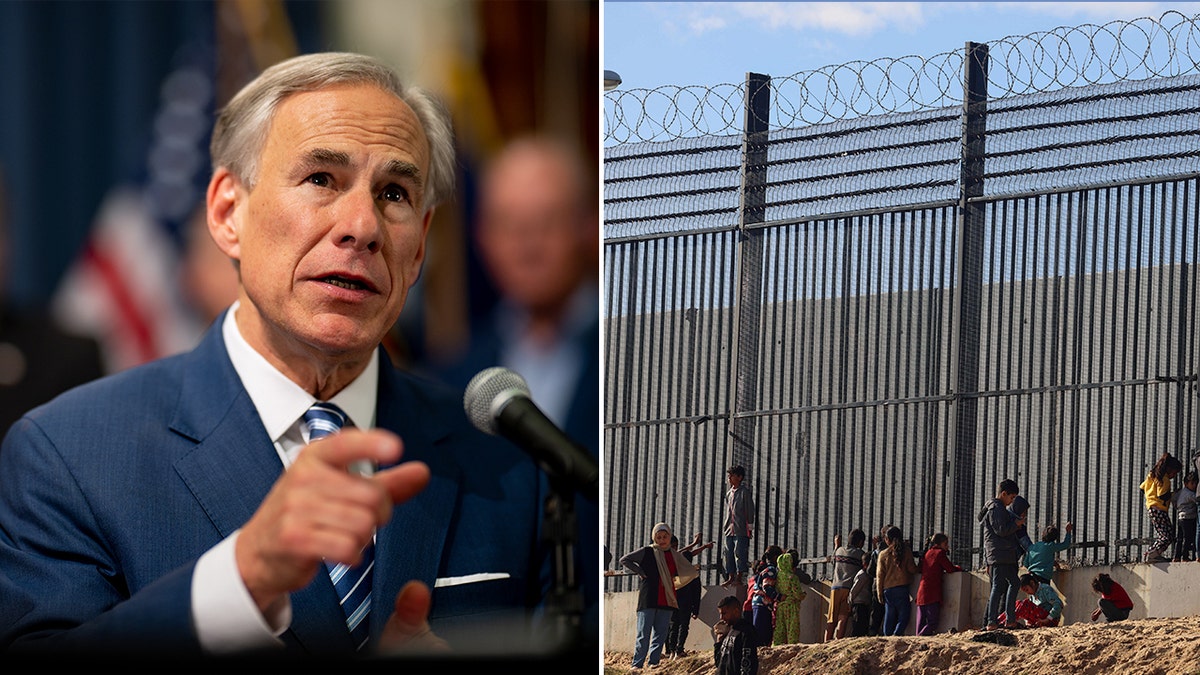 Greg Abbott in a split image with the southern border