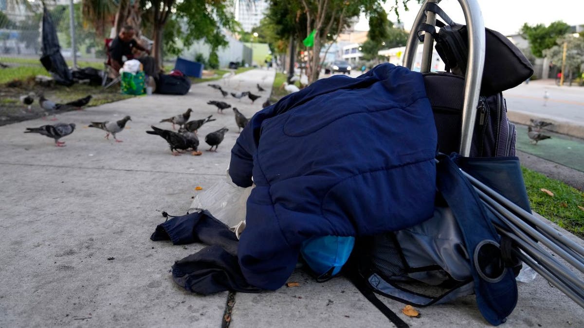 A homeless person's belongings on a sidewalk