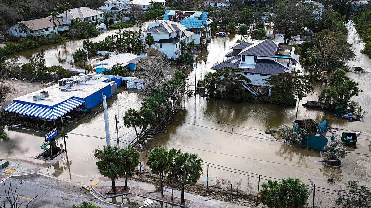 A drone image shows a flooded street due to Hurricane Milton in Siesta Key, Florida, on Oct. 10, 2024.