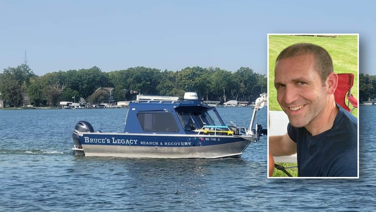 A photo of a search and rescue boat looking for Borgwardt on Green Lake below a photo of Borgwardt