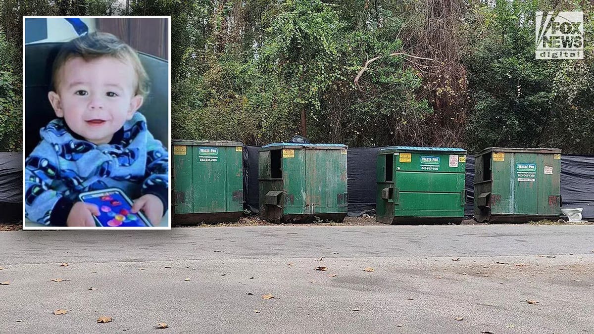 Quinton Simon picture inset over five dumpsters where his remains may have been discarded