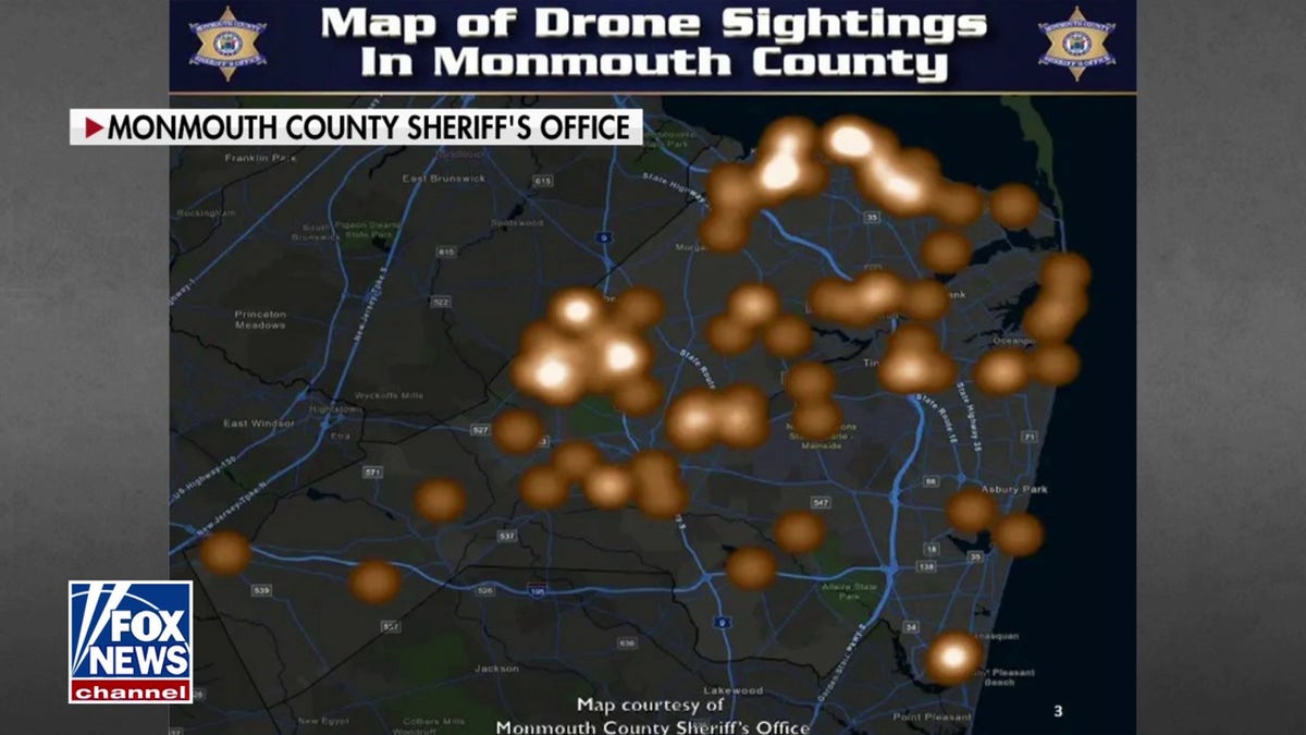 A map indicating recent drone sightings in Monmouth County, New Jersey, which is home to Naval Weapons Station Earle.