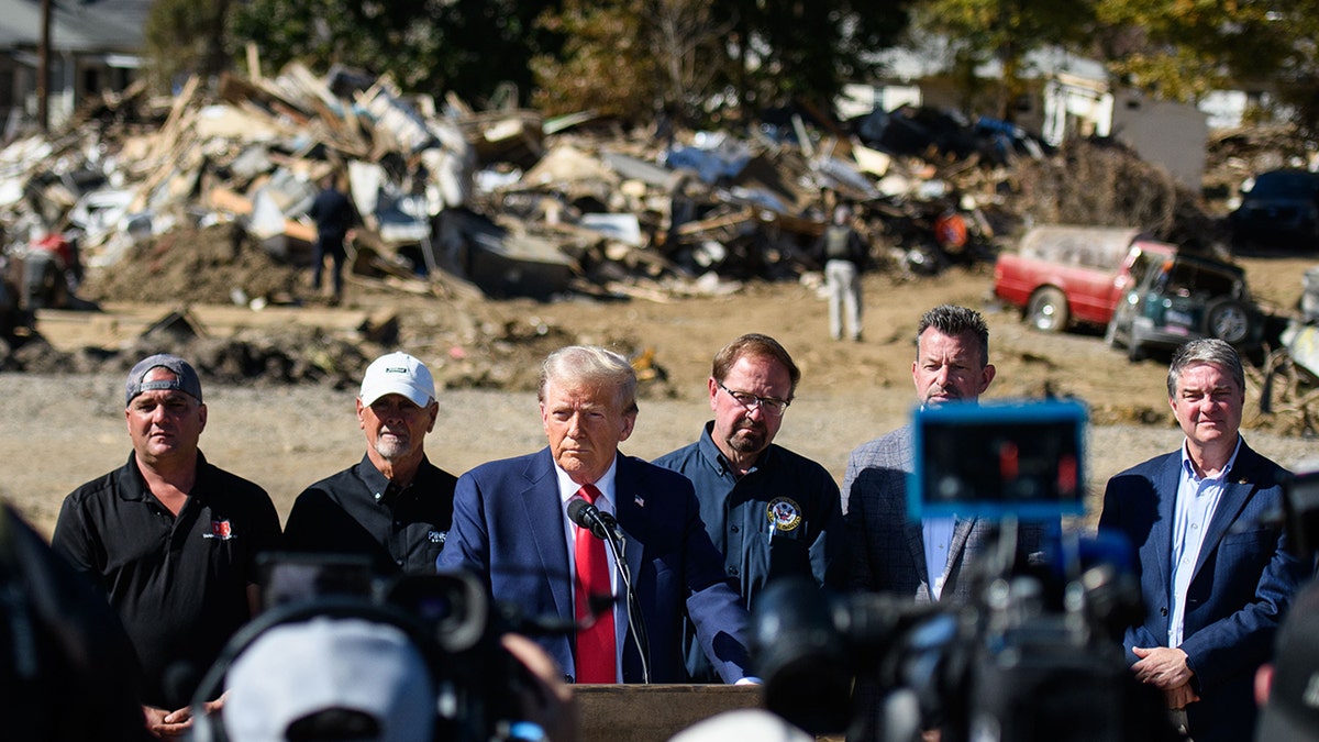 Trump holds a press conference in Western North Carolina in October 2024.