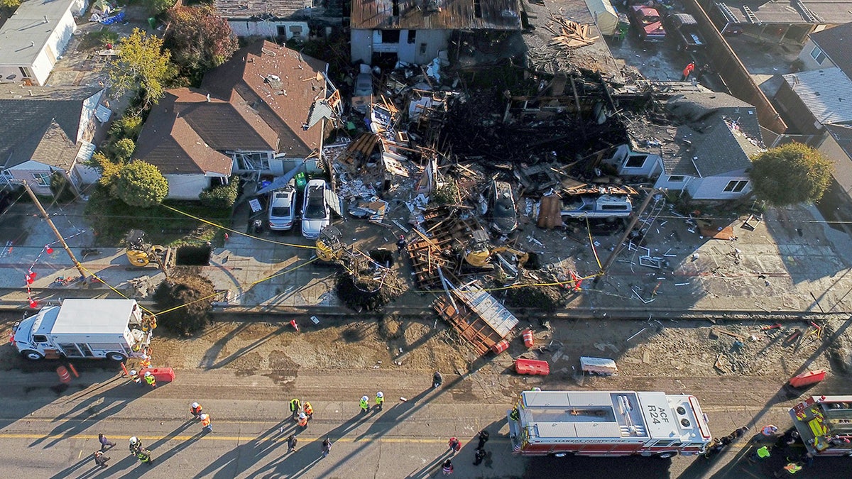 Aerial view of debris of home explosion site in California