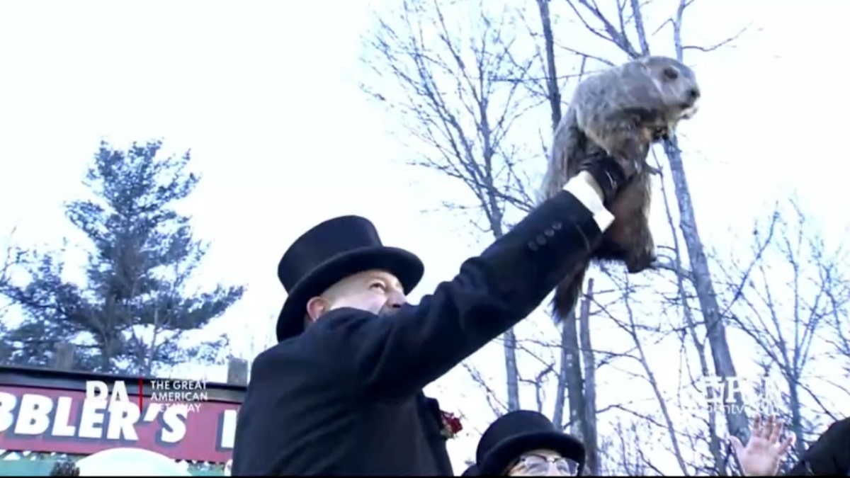 Man holds up groundhog.