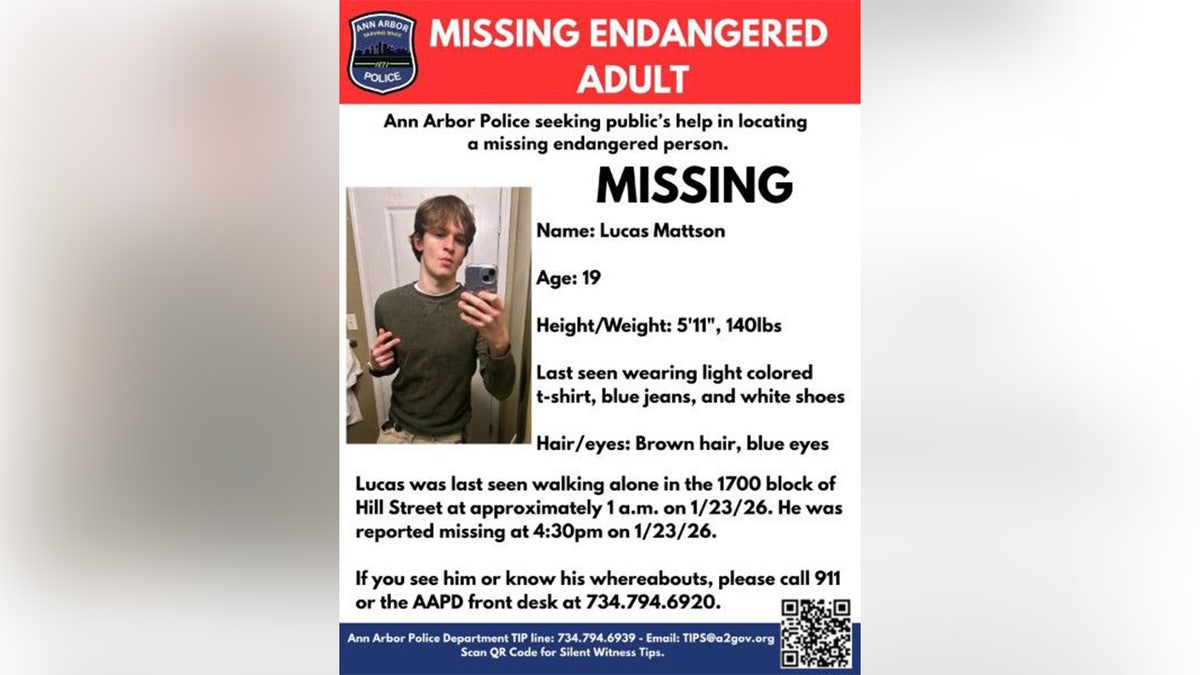 A missing persons flyer for 19-year-old Lucas Mattson.