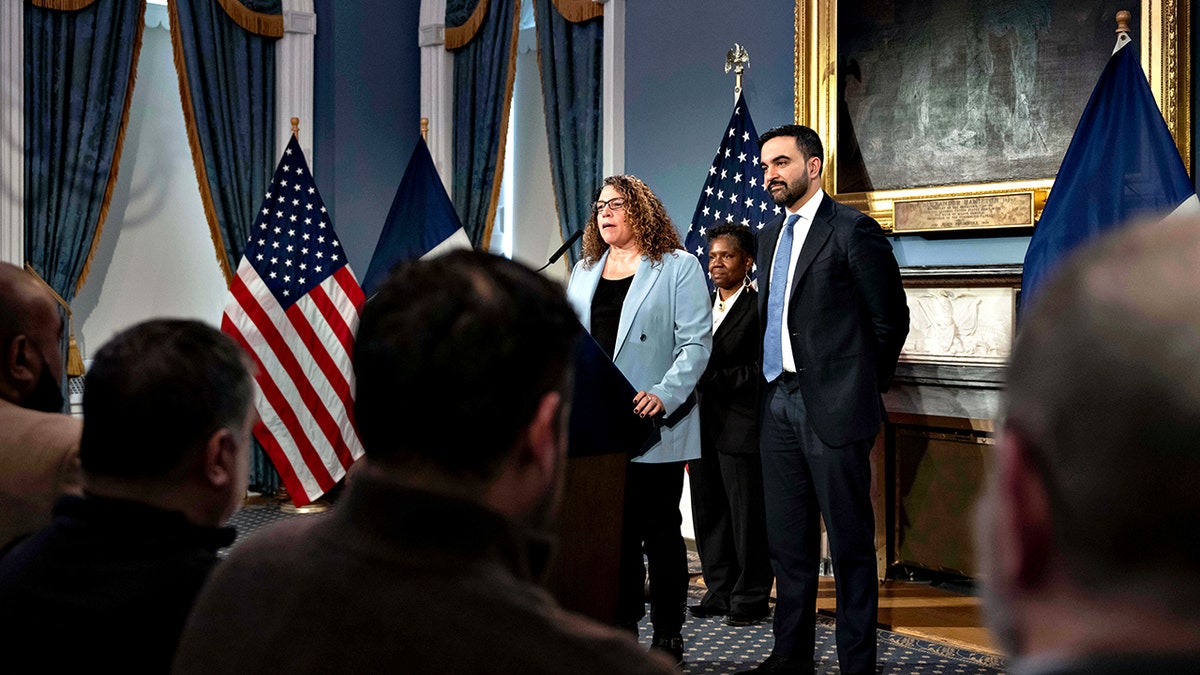 New York Mayor Zohran Mamdani standing at press conference