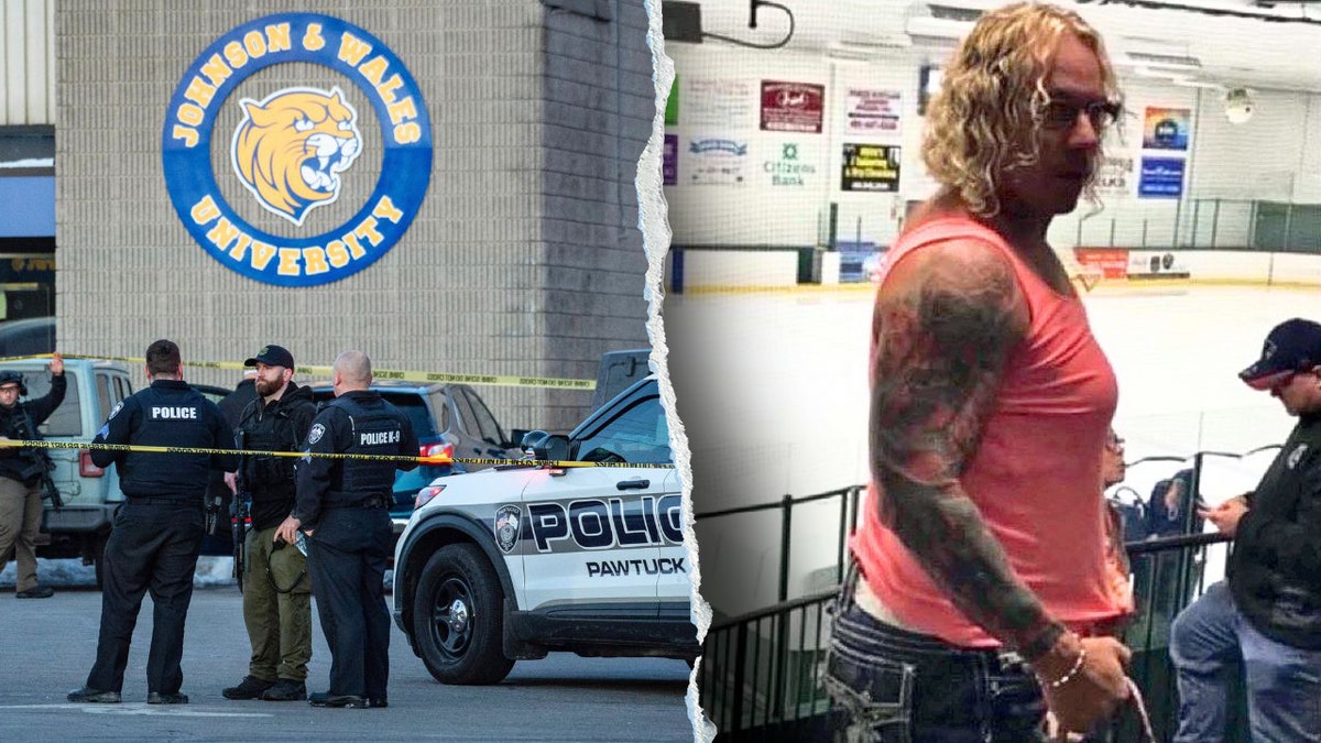 Split image of police at Dennis M. Lynch Arena in Rhode Island and Robert Dorgan inside an ice rink.