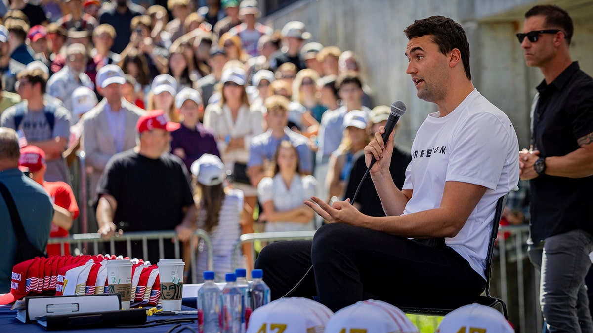 Charlie Kirk speaks to the audience just before he was shot.