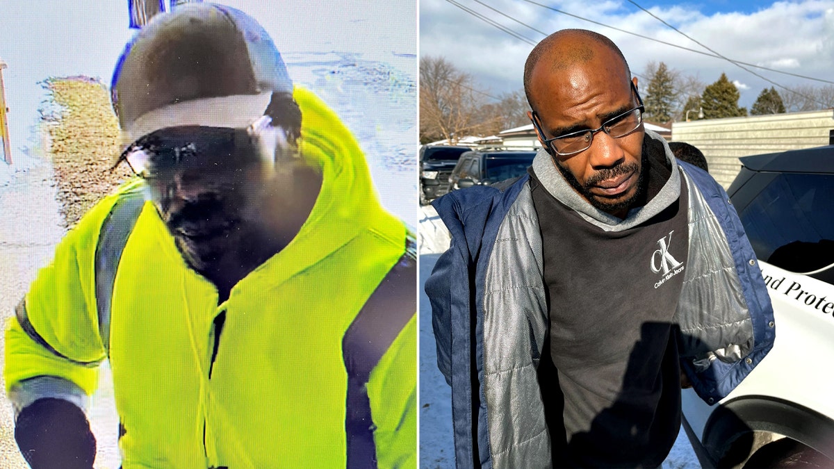 Julius Burke in bright yellow jacket in surveillance photo split with a photo of his arrest