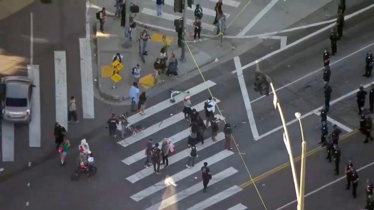 Protesters stand behind police line in Downtown Los Angeles