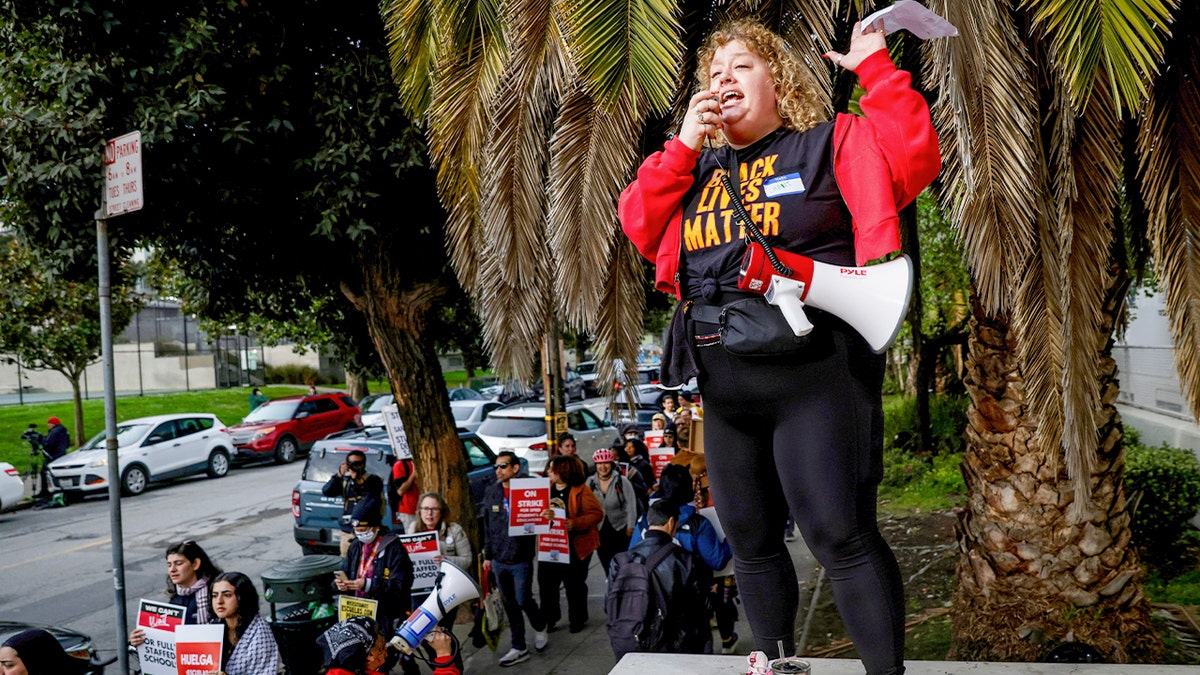 Teacher stands with a megaphone at strike