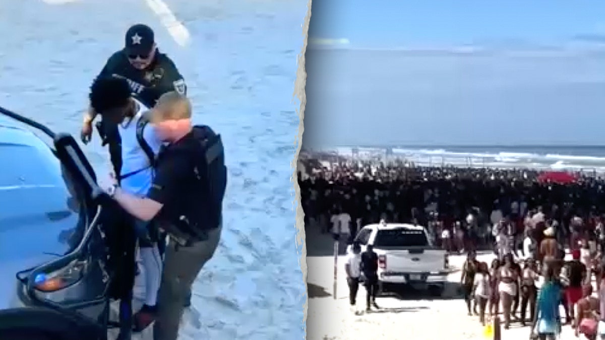 (L) person is detained and (R) beach crowds