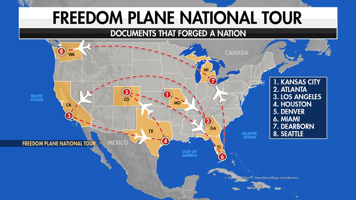 Map showing cities included in the National Archives Freedom Plane tour across the United States.