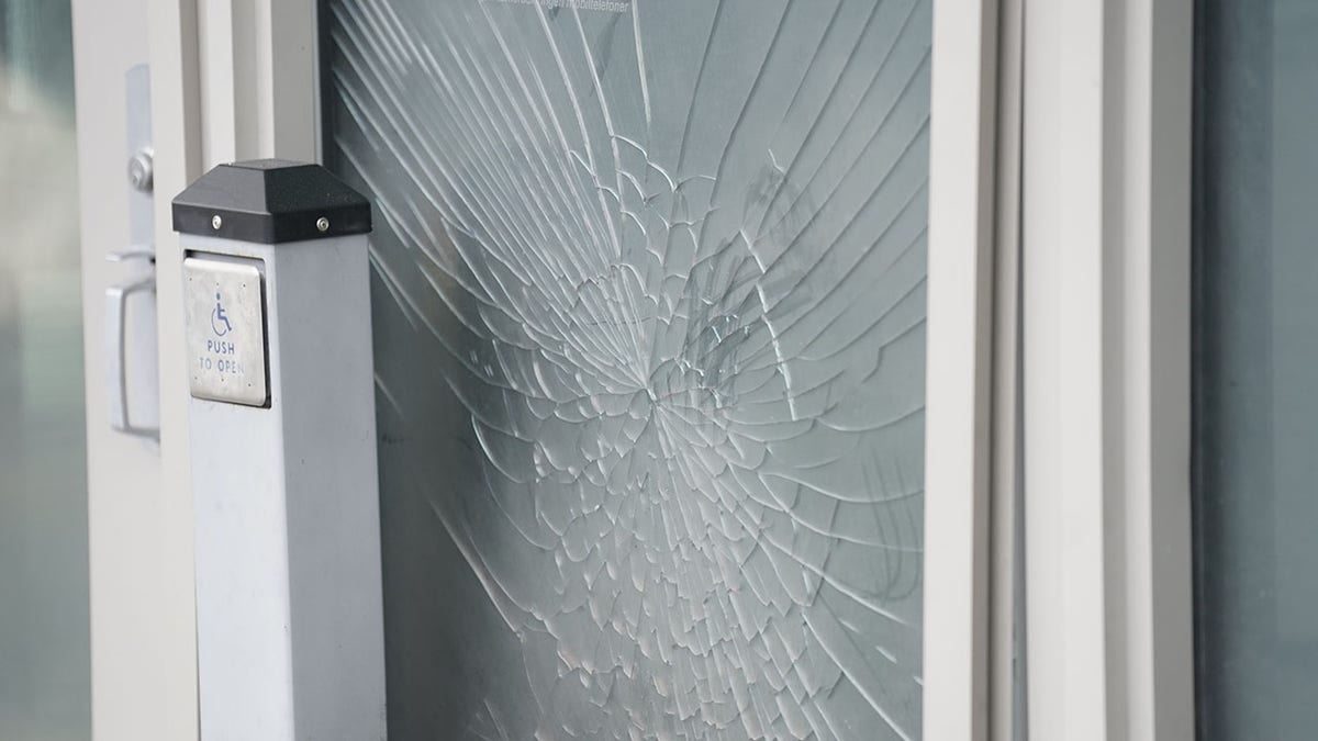 A damaged door at the U.S. Embassy in Norway. 