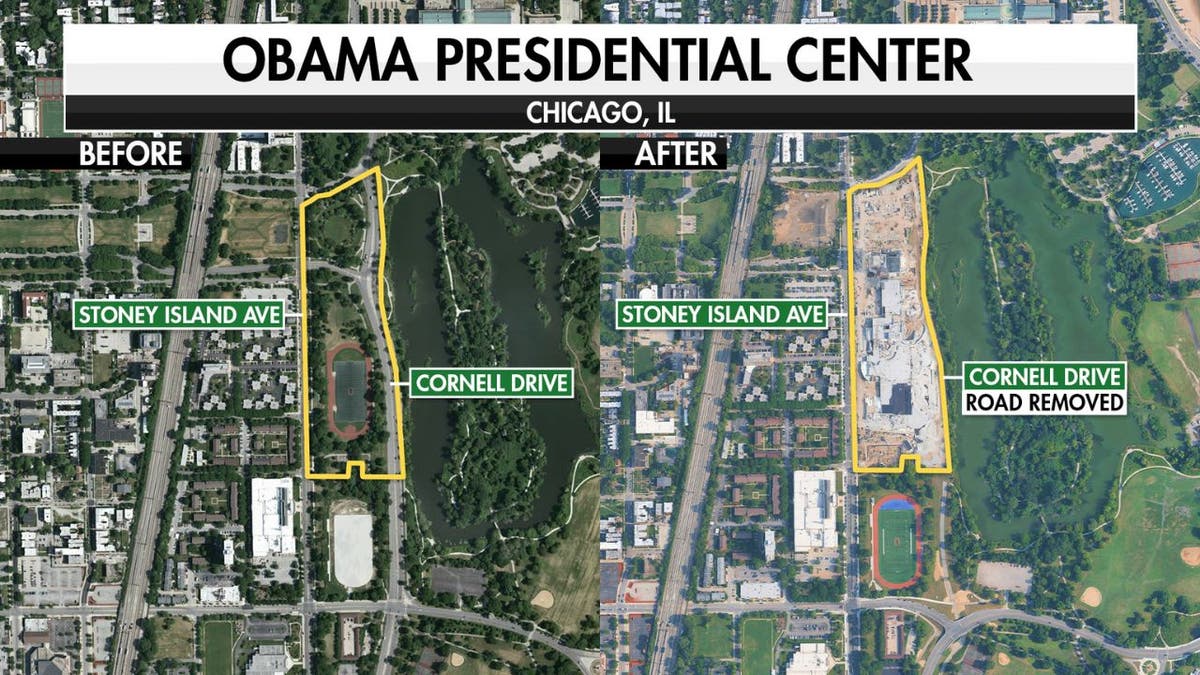 Before-and-after map of Jackson Park in Chicago highlighting the Obama Presidential Center site and the removal of Cornell Drive.