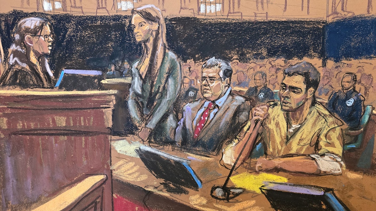 Sketch of Luigi Mangione with attorneys Karen Agnifilo and Marc Agnifilo before Judge Margaret Garnett