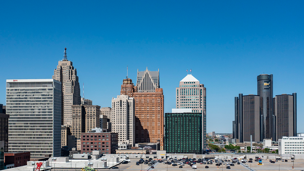Detroit's skyline is seen from the west.