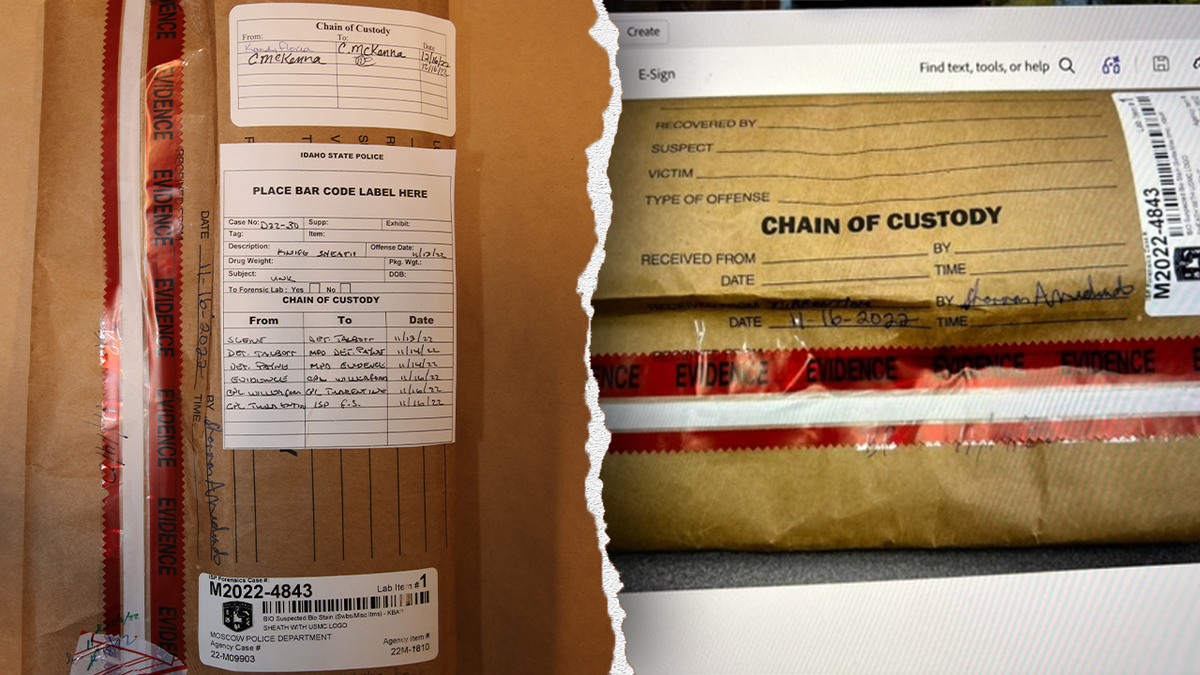 A split image shows a brown evidence bag with stickers and dates written on it.