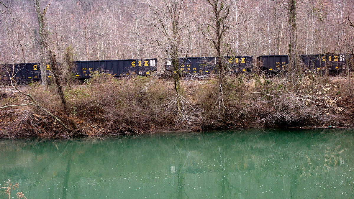 train runs past body of water