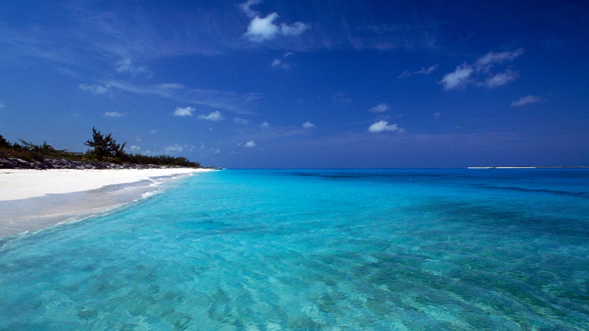 Crystal clear sea and beach along the coast north of George Town in Great Exuma Bahamas