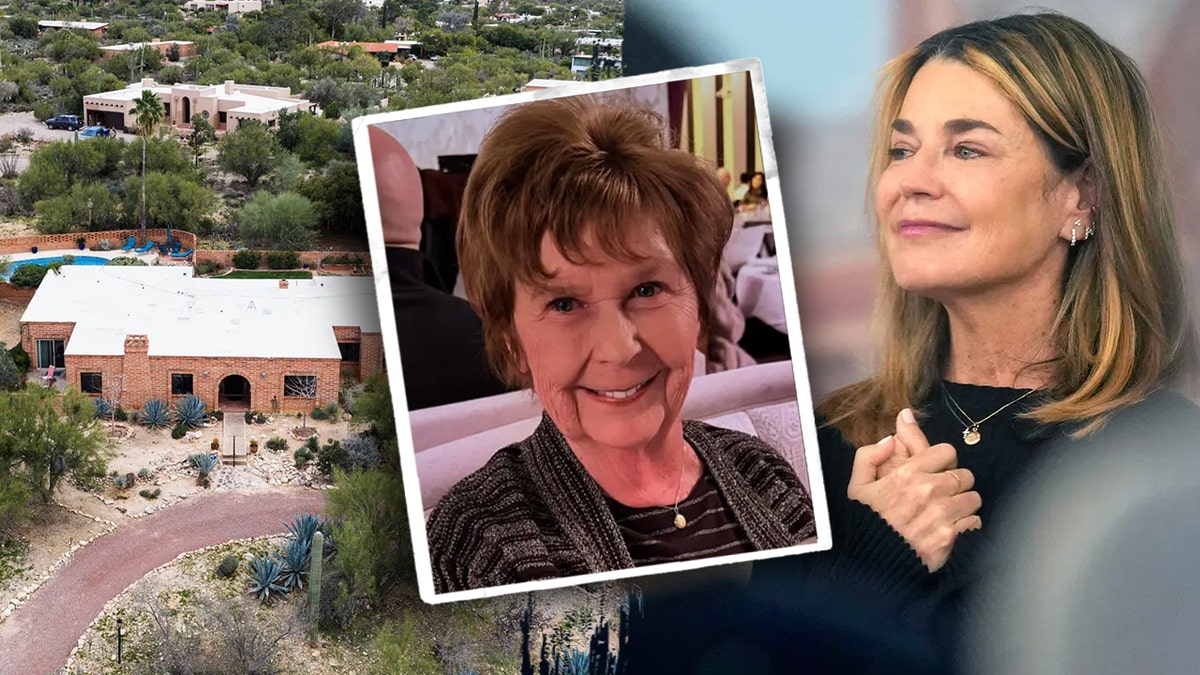 Savannah Guthrie standing in a studio with inset images of her mother Nancy Guthrie and an aerial view of a home in Arizona