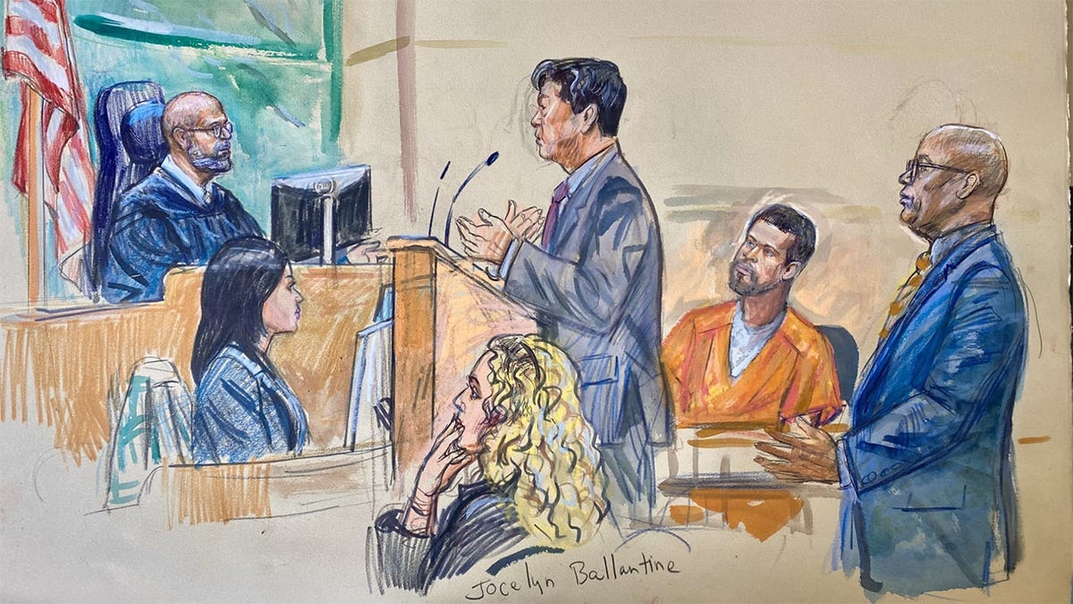 Sketch of Cole Allen standing in court before Magistrate Judge Dana Verkouteren.