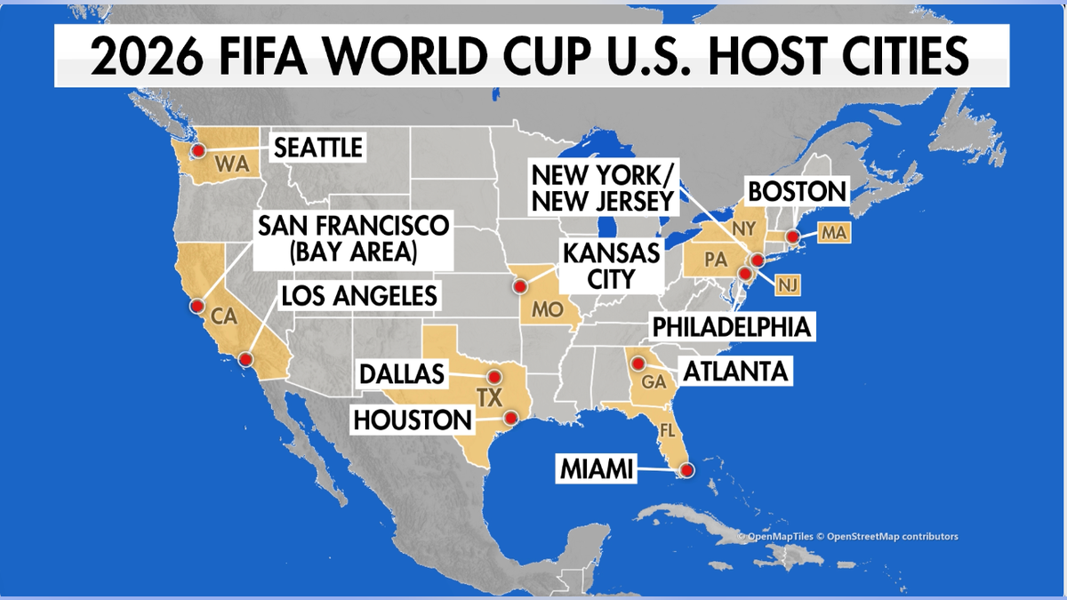 Map highlighting cities hosting 2026 FIFA World Cup matches in the United States, Mexico, and Canada