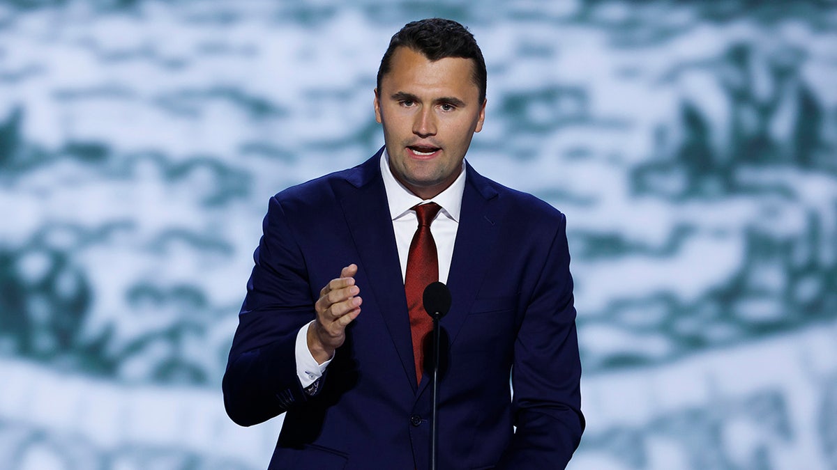 Charlie Kirk speaking on stage at the Republican National Convention in Milwaukee, Wisconsin