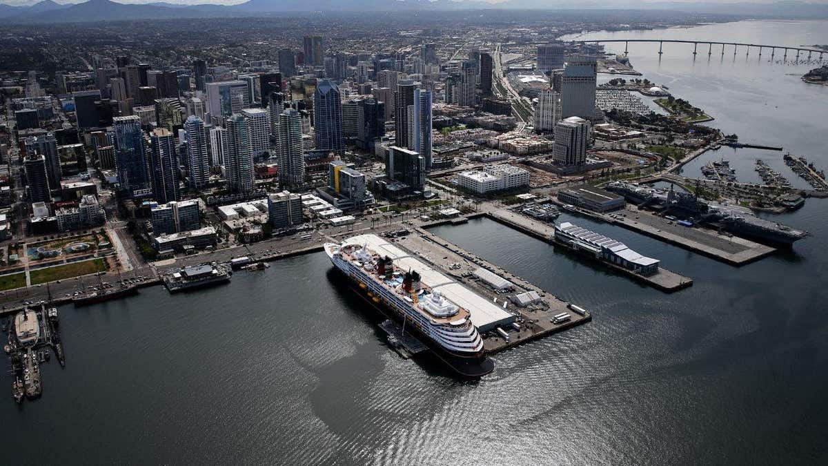 A Disney Wonder cruise docked in San Diego
