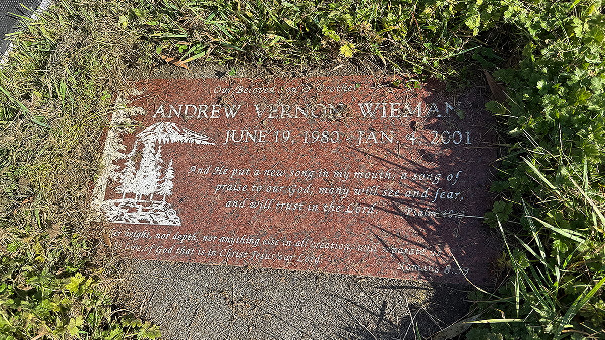 Grave marker for UC Davis student Andrew Wieman, who died in 2001