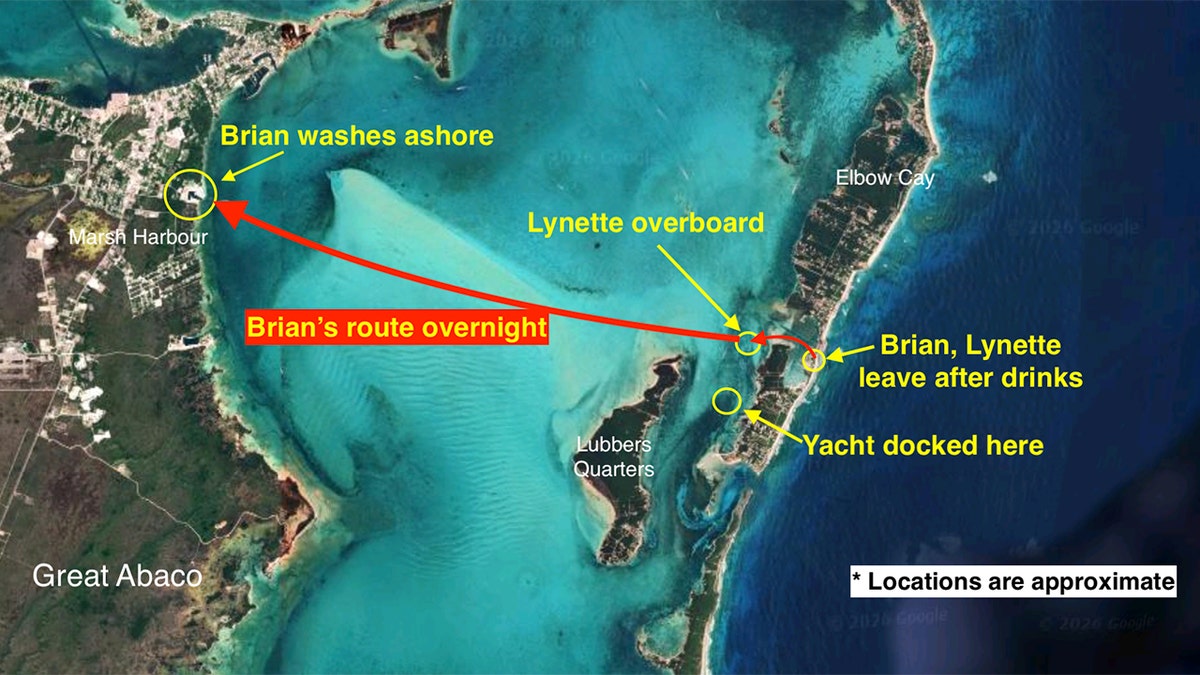 Map showing reported movements of Brian and Lynnette Hooker between Abaco and Marsh Harbour