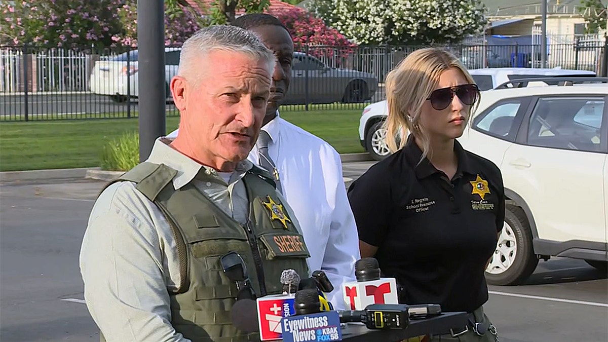 Tulare County Sheriff Mike Boudreaux speaking at a podium