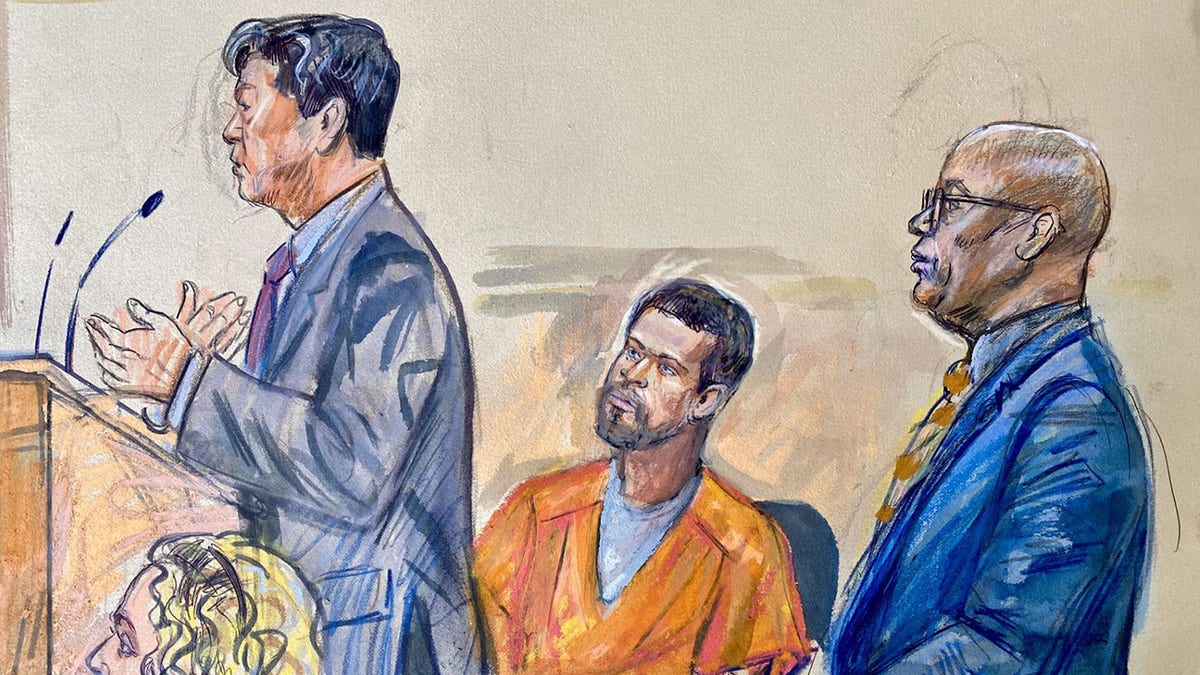 A sketch of cole allen in court on May 4, 2026