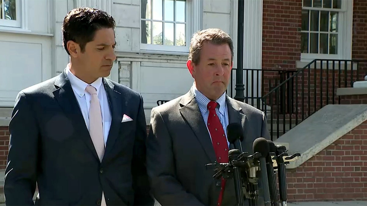 Kevin McGrath speaking to reporters outside Milford Superior Court