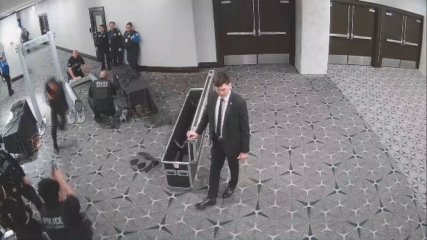 Surveillance video released by the Justice Department appears to show suspect Cole Allen rushing a security checkpoint at the Washington Hilton