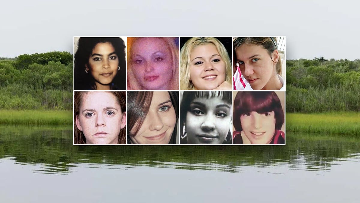 Gilgo Beach victims faces inset over a landscape shot of the marsh where they were found