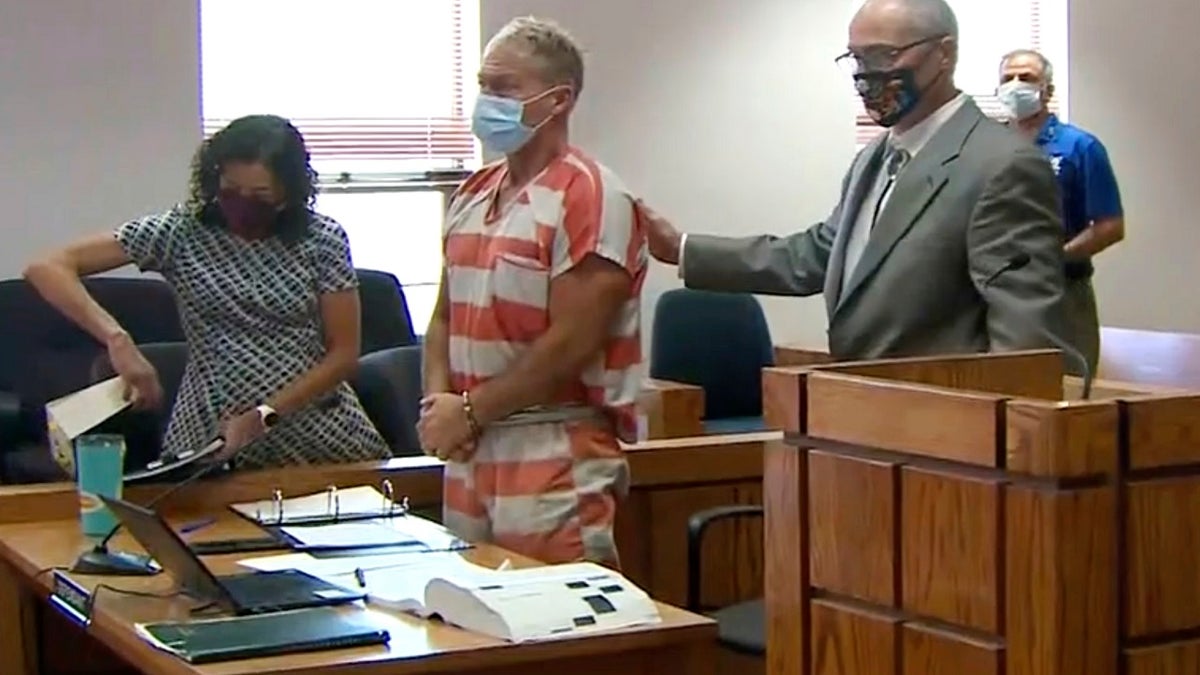 Barry Morphew standing in court in Salida, Colorado.