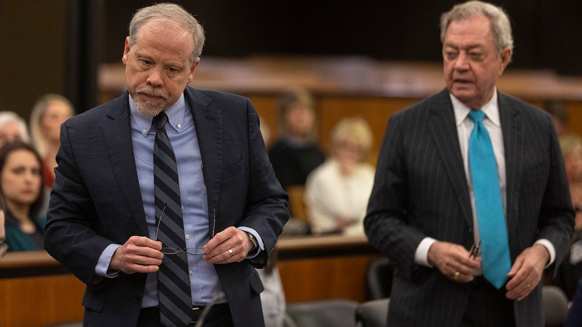 Prosecutor Creighton Waters, left, and defense attorney Dick Harpootlian stand during the Alex Murdaugh jury-tampering hearing at the Richland County Judicial Center