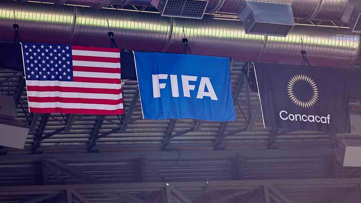 United States flag alongside FIFA and Concacaf flags at Mercedes-Benz Stadium in Atlanta
