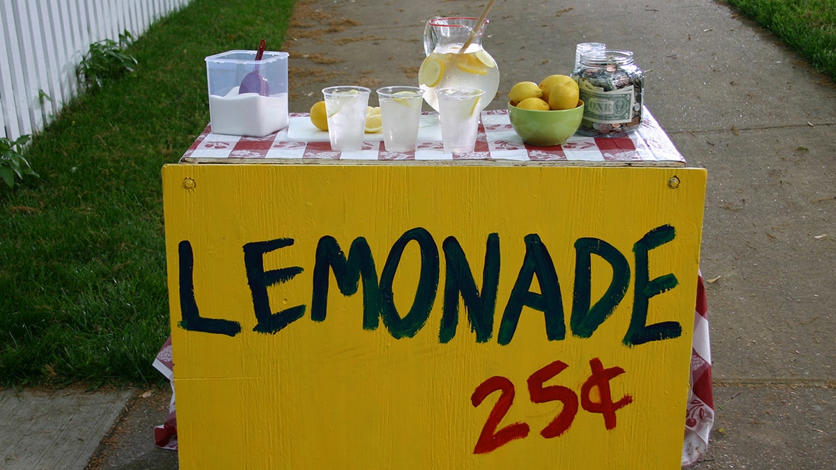 A 7-year-old girl standing behind a lemonade stand on a sidewalk