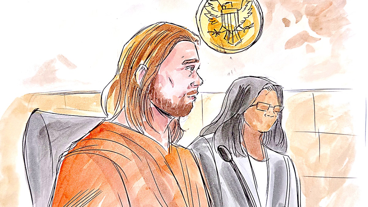 Jonathan Rinderknecht seated inside federal court in Orlando, Florida, shown in a courtroom sketch.