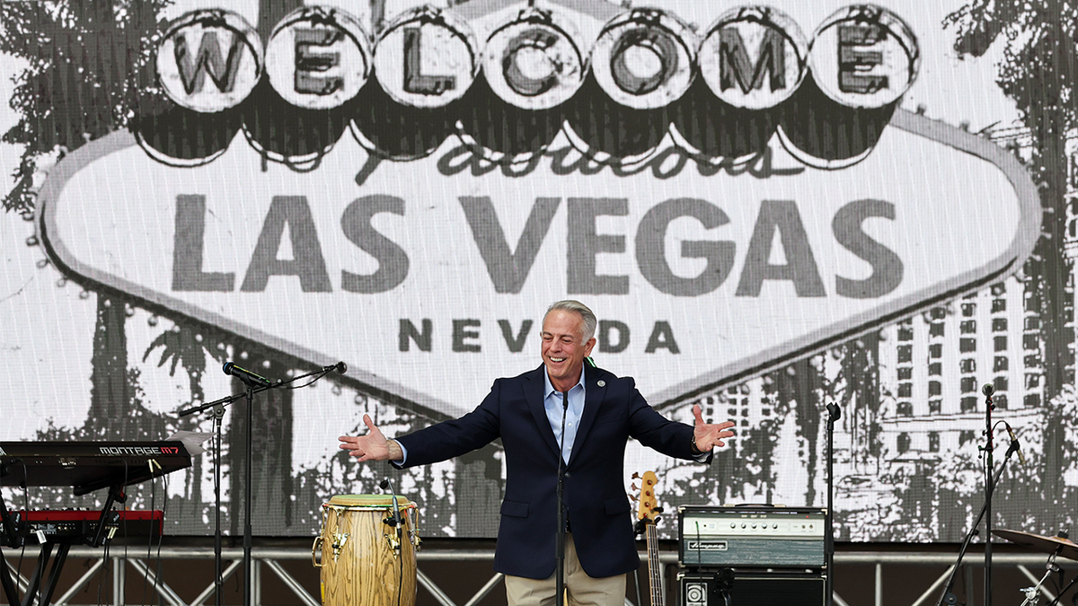 Nevada Gov. Joe Lombardo addresses a crowd at an event in Las Vegas.