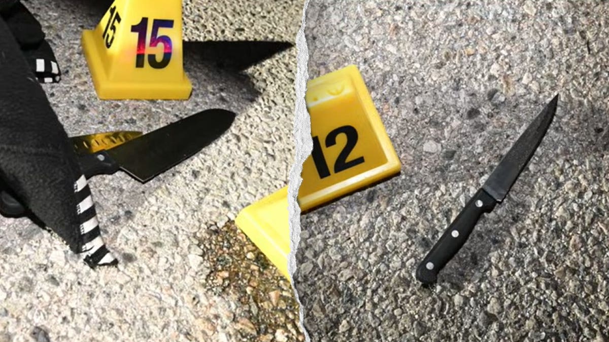 Composite image shows two knives marked as evidence that authorities say were recovered after a deputy was stabbed in Lancaster, California.