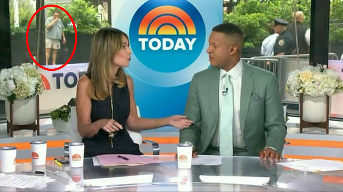 A man resembling the suspect in the racial attack on "Today" co-host Craig Melvin appears in the background of the show on the morning of the July 16, 2026, attack at Rockefeller Center in New York.
