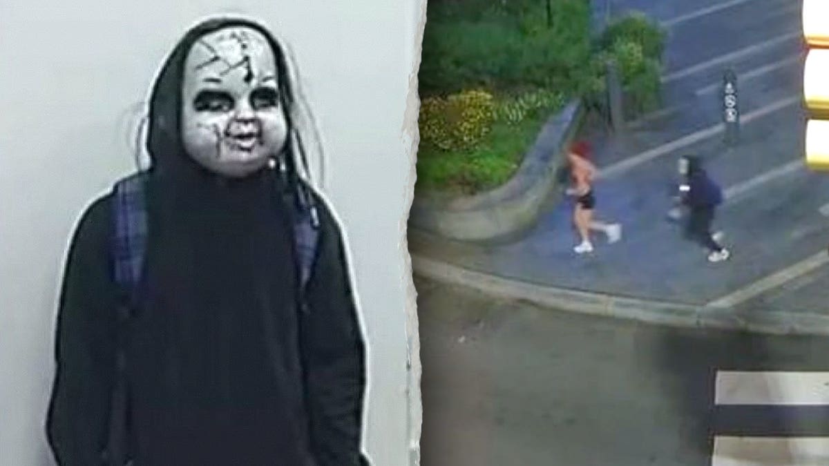 Split image showing a person in a cracked doll mask and hoodie beside surveillance footage of two people running along a street.