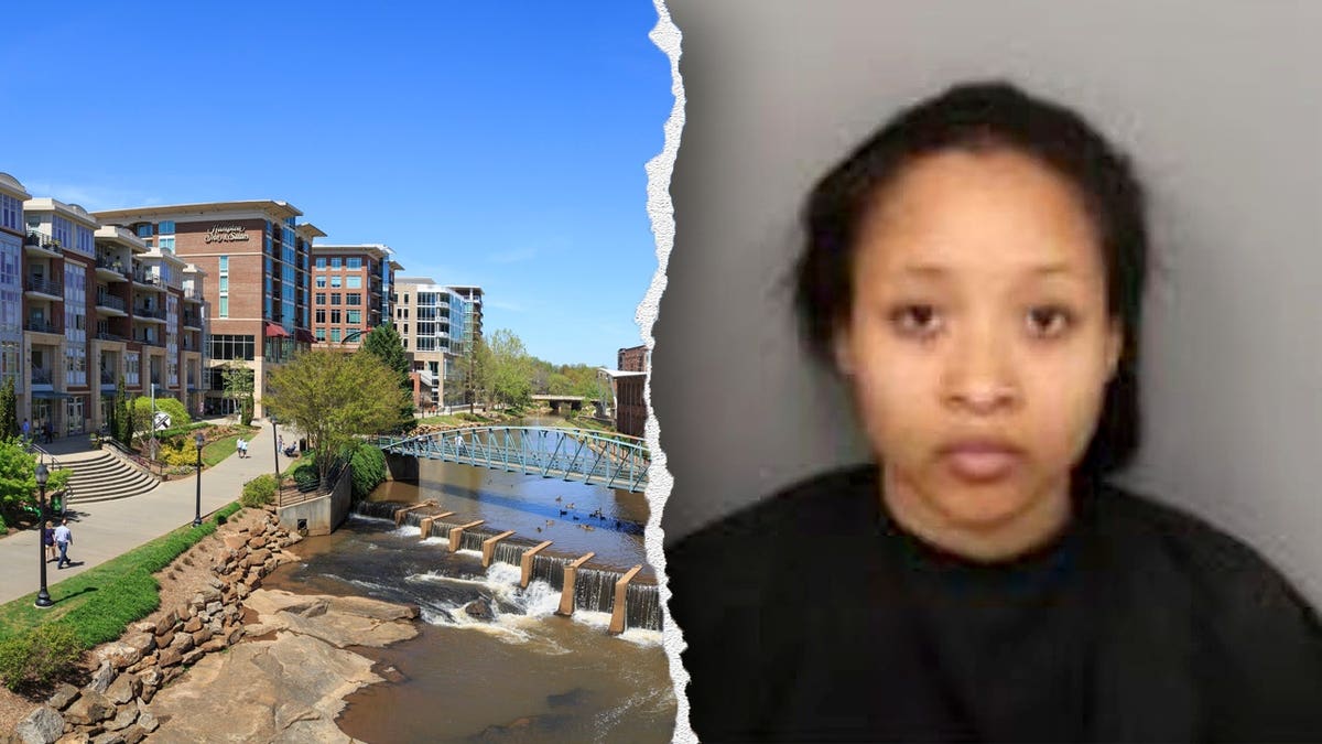 A split image shows downtown Greenville, South Carolina, beside a booking photo of Naziyha Weatherall.