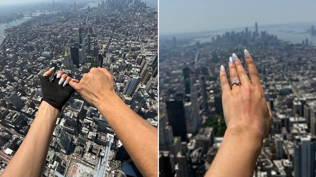 Couple shares engagement photos atop Empire State Building after daring climb.