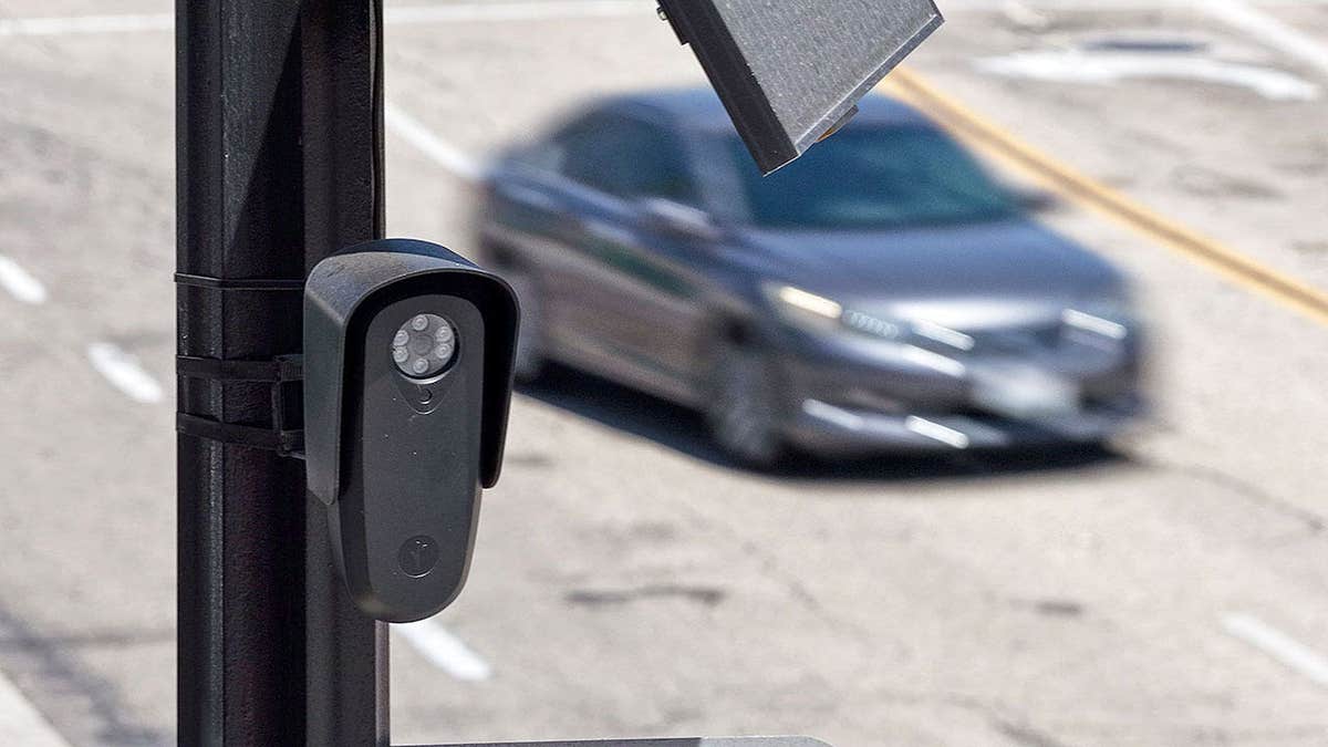 Flock Safety camera mounted to a light pole in Burbank, Calif., on Aug. 3, 2026.